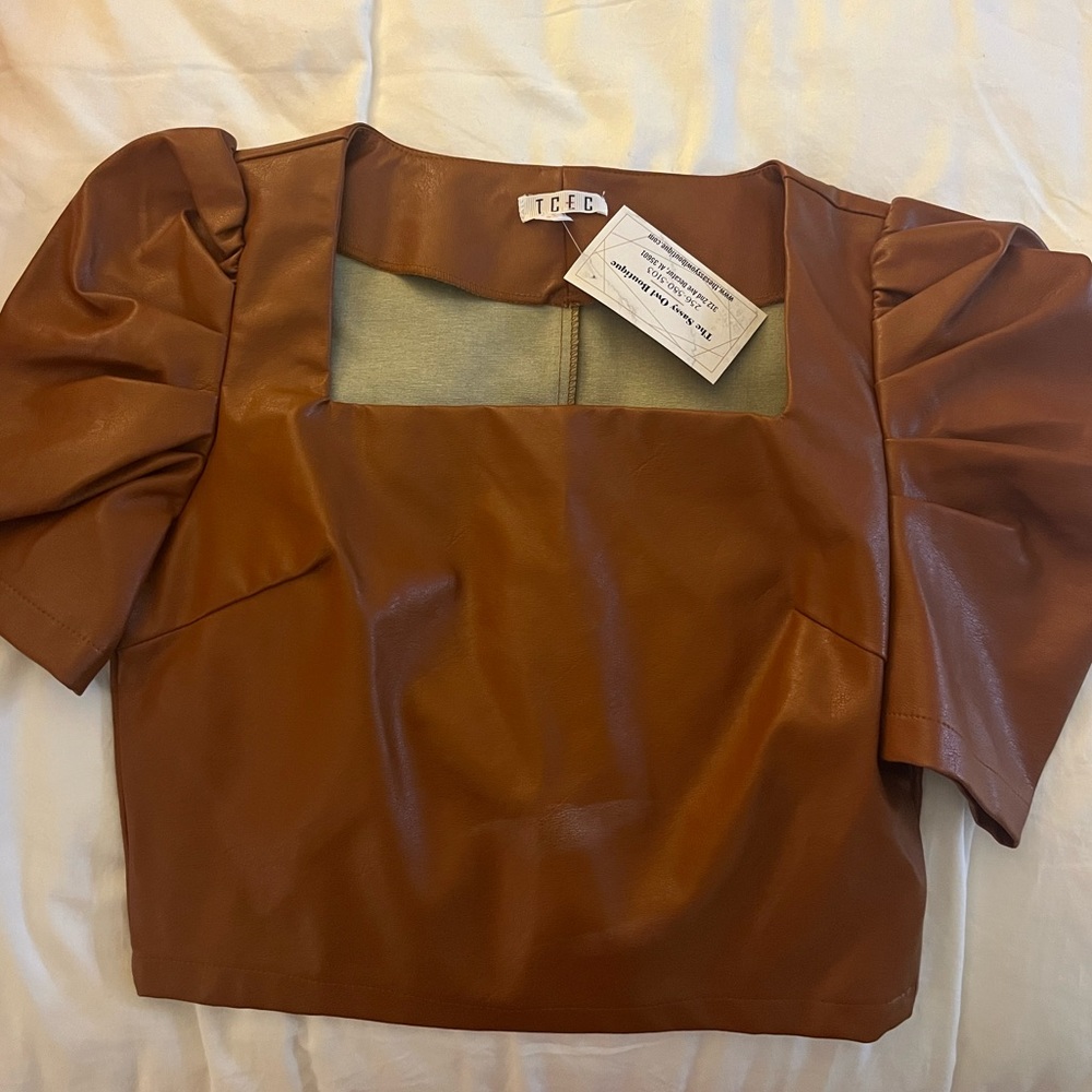 Brown Faux Leather Cropped Shirt